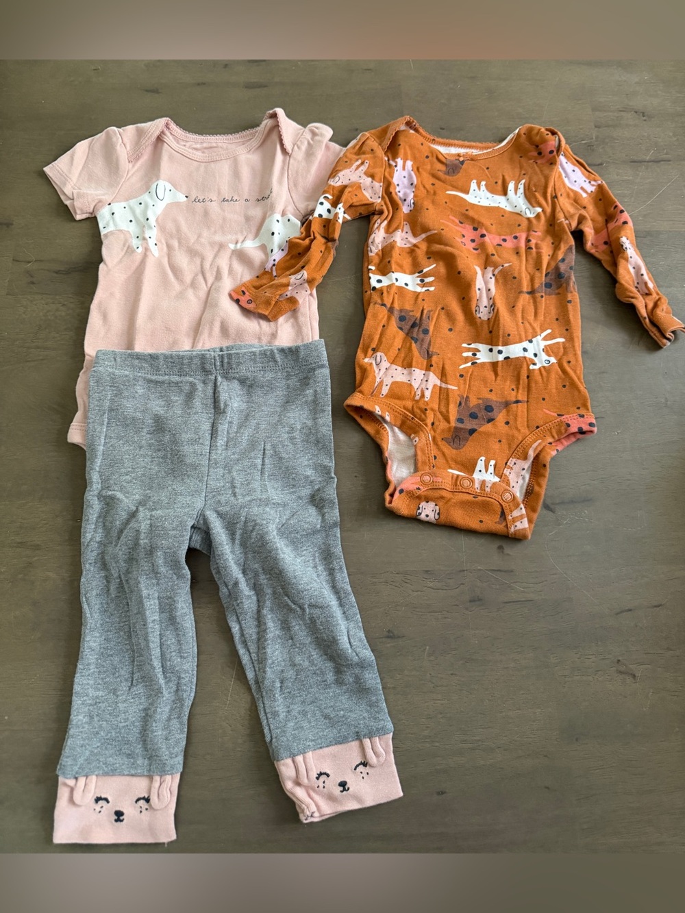3pc Baby Girl Long-Sleeve Orange Dog Print One-Piece Bodysuits w/ Pants Set